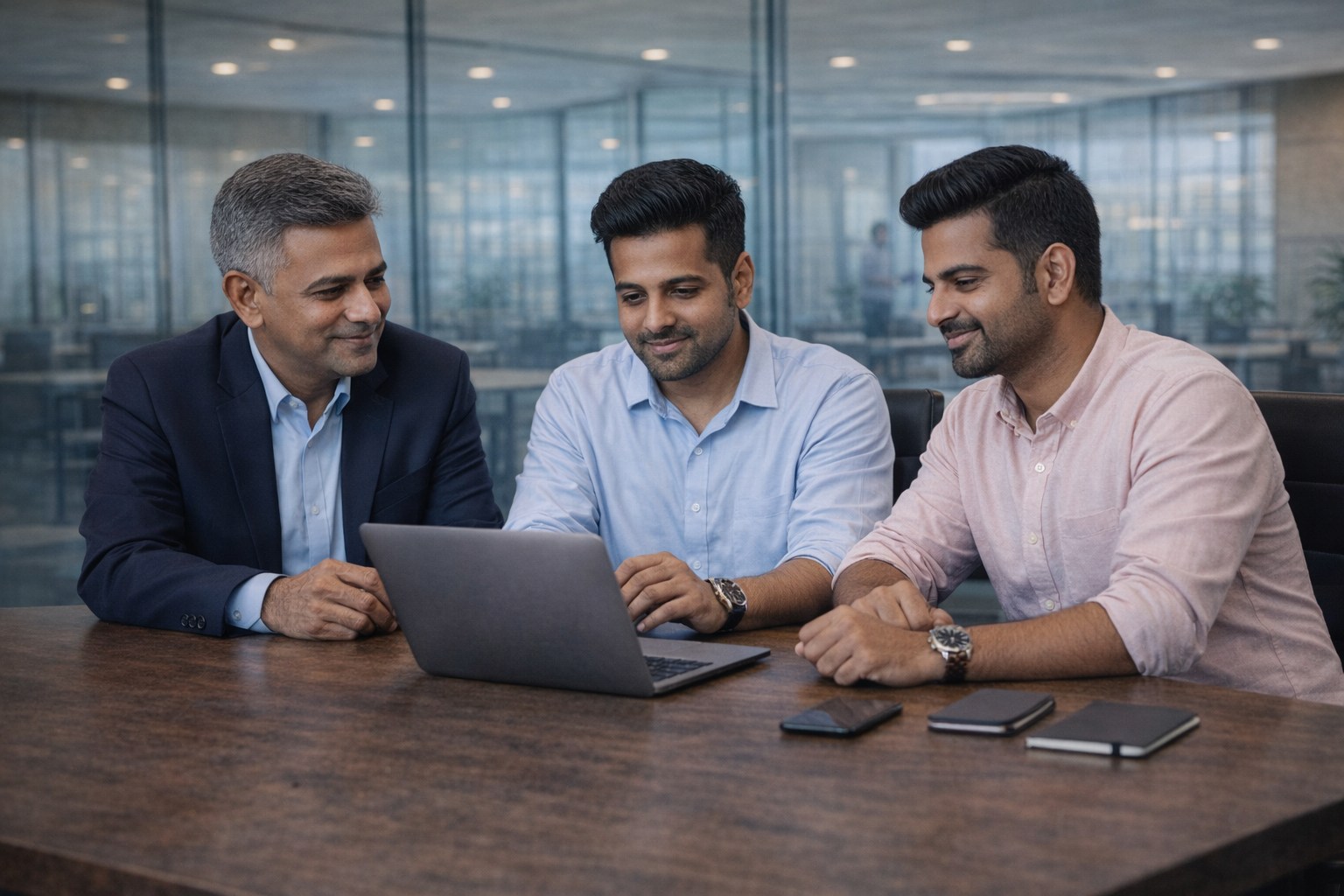 Indian business owners discussing secure cloud email service options