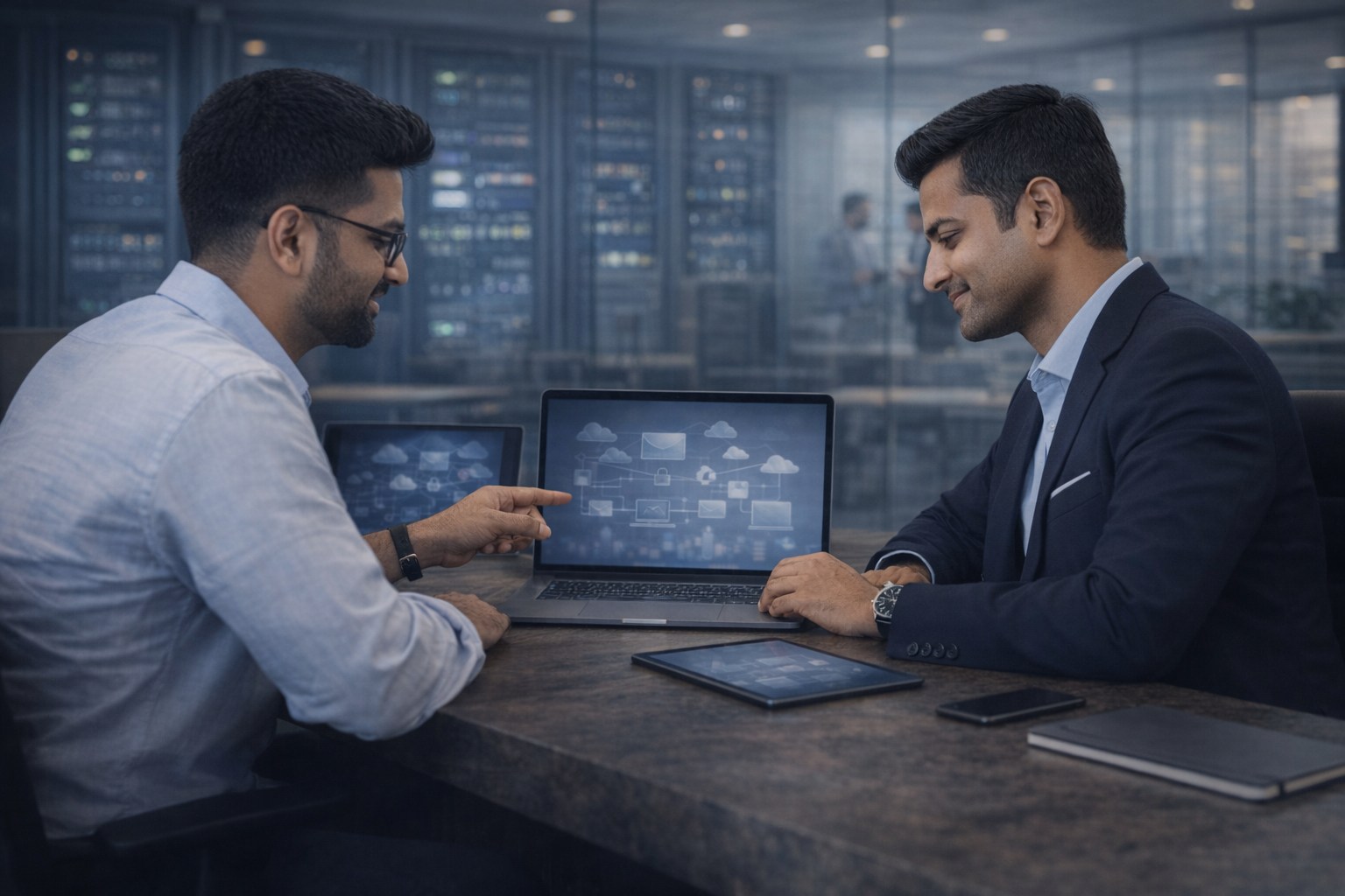 Indian IT team reviewing hybrid mail deployment architecture