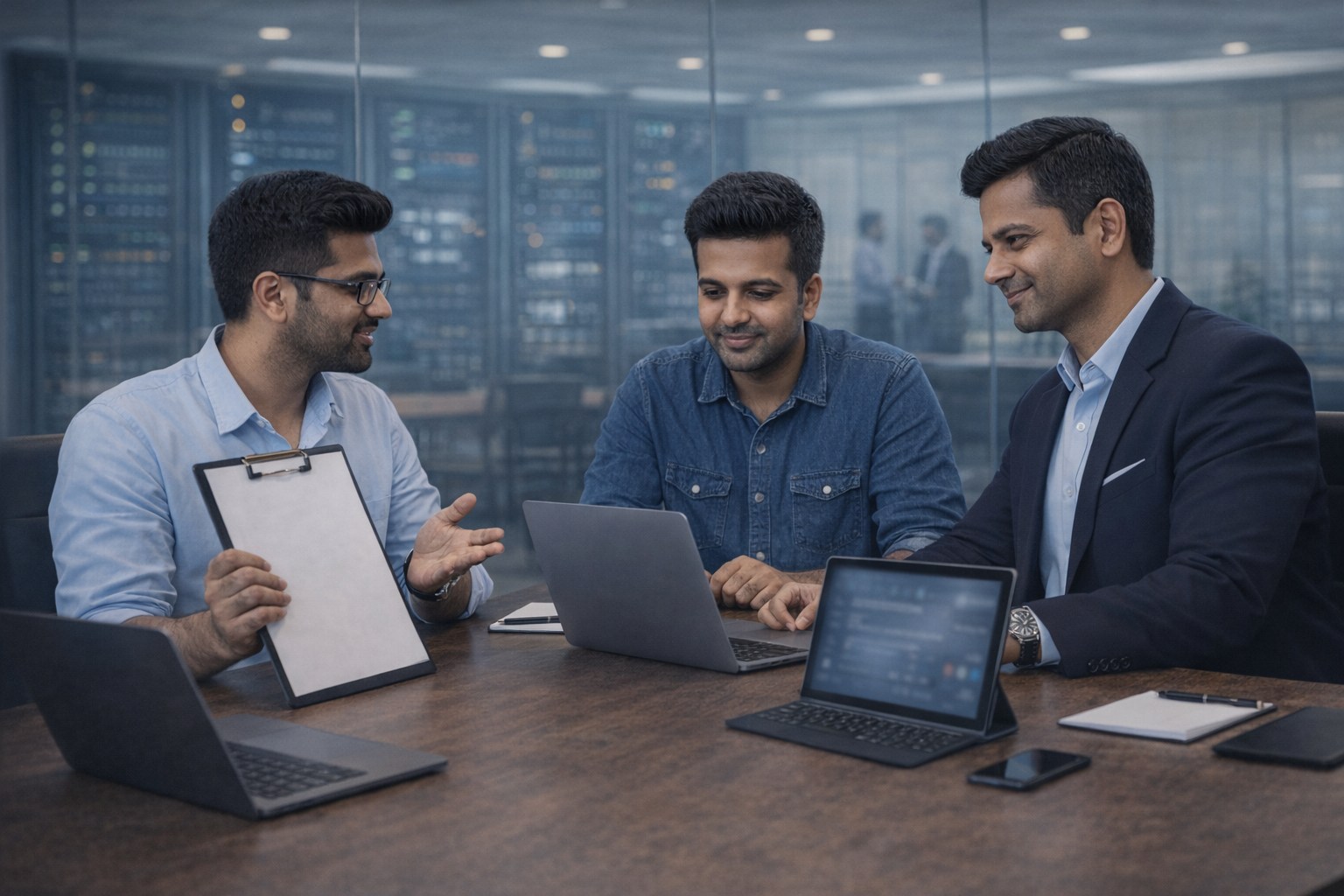 Indian business team planning secure mail routing and migration flow